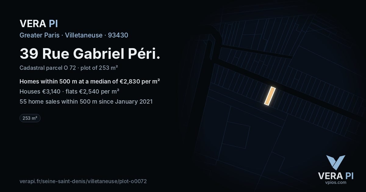 39 Rue Gabriel Péri, Villetaneuse at night – the plot lit, the parcels around coloured by the prices near them
