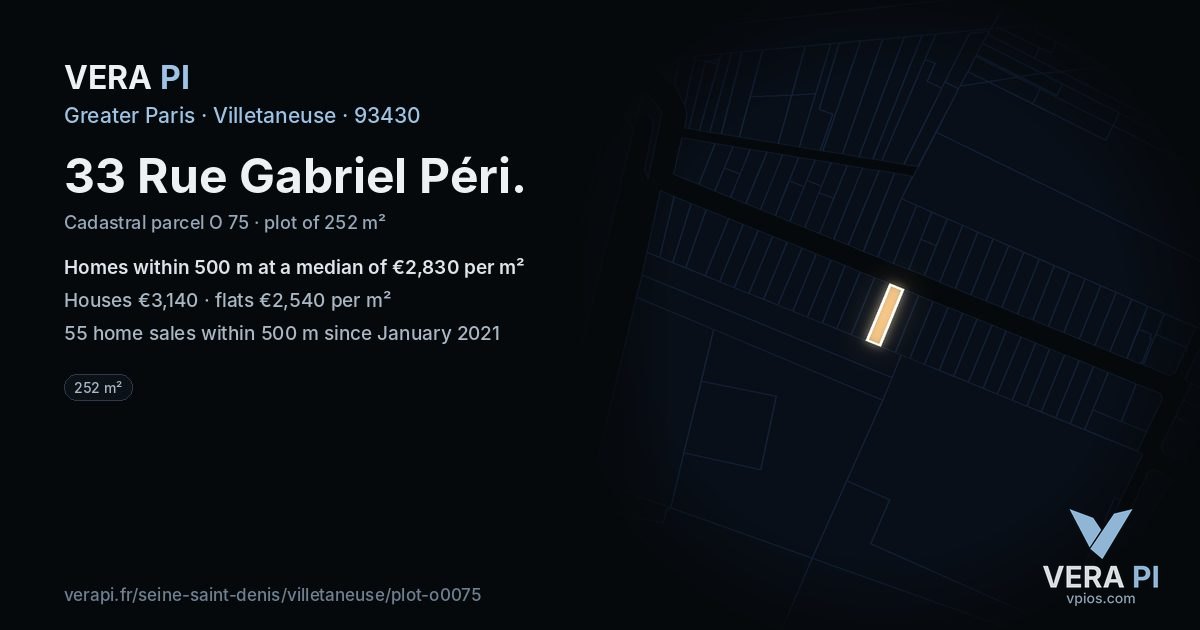 33 Rue Gabriel Péri, Villetaneuse at night – the plot lit, the parcels around coloured by the prices near them