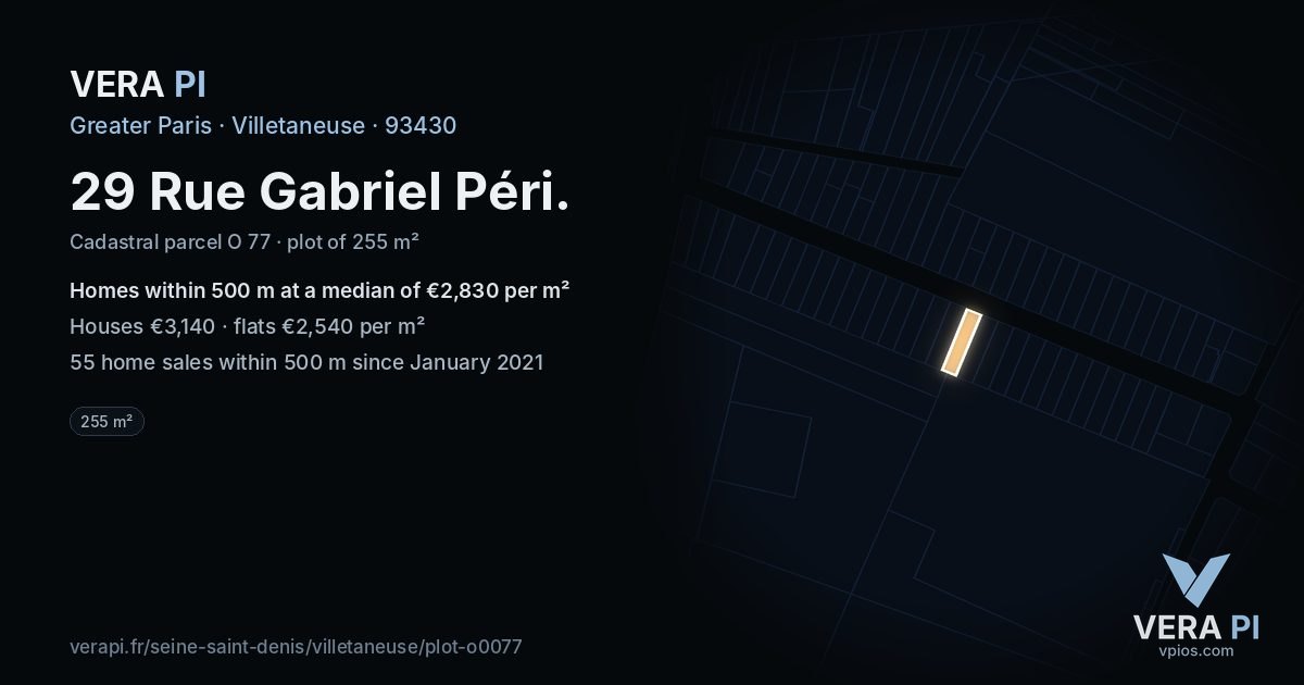 29 Rue Gabriel Péri, Villetaneuse at night – the plot lit, the parcels around coloured by the prices near them