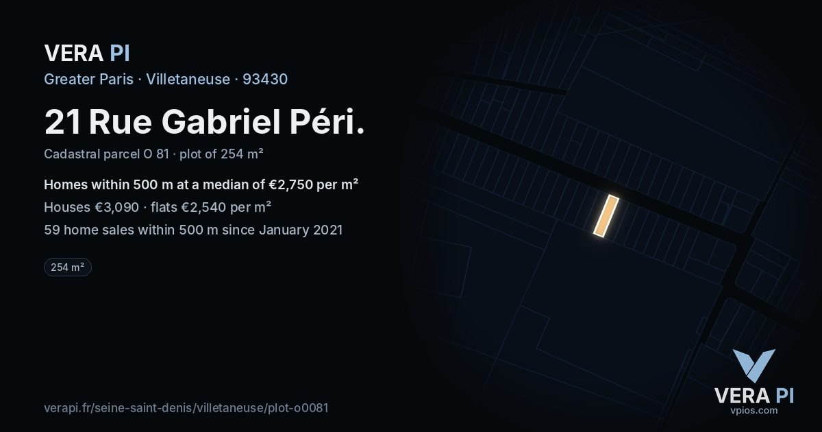 21 Rue Gabriel Péri, Villetaneuse at night – the plot lit, the parcels around coloured by the prices near them
