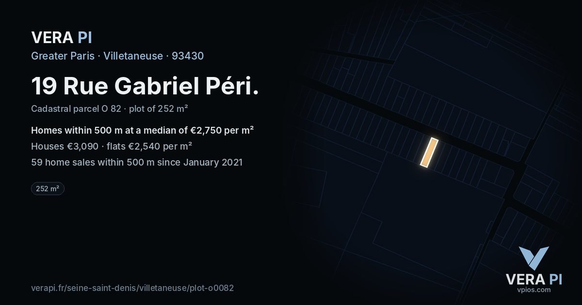 19 Rue Gabriel Péri, Villetaneuse at night – the plot lit, the parcels around coloured by the prices near them