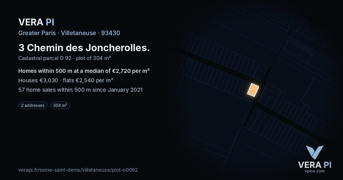 3 Chemin des Joncherolles, Villetaneuse at night – the plot lit, the parcels around coloured by the prices near them
