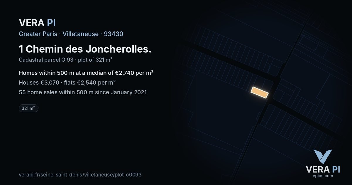 1 Chemin des Joncherolles, Villetaneuse at night – the plot lit, the parcels around coloured by the prices near them