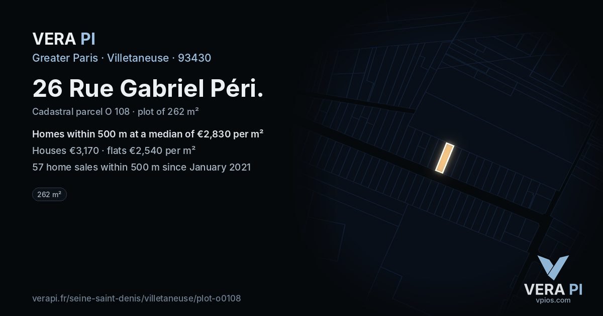 26 Rue Gabriel Péri, Villetaneuse at night – the plot lit, the parcels around coloured by the prices near them