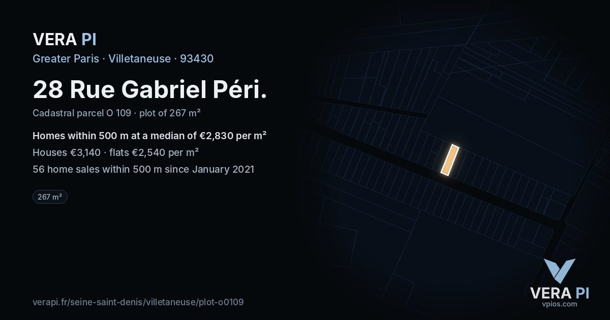 28 Rue Gabriel Péri, Villetaneuse at night – the plot lit, the parcels around coloured by the prices near them