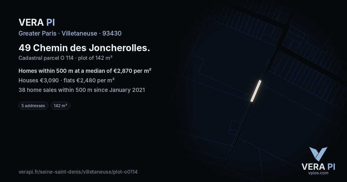 49 Chemin des Joncherolles, Villetaneuse at night – the plot lit, the parcels around coloured by the prices near them
