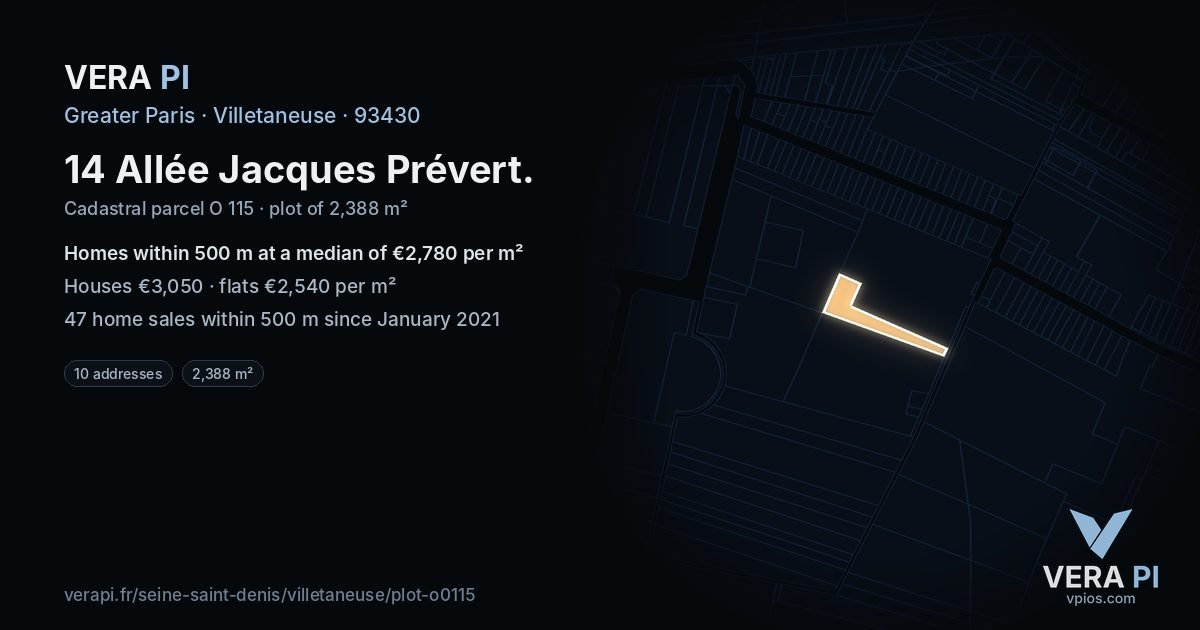 14 Allée Jacques Prévert, Villetaneuse at night – the plot lit, the parcels around coloured by the prices near them
