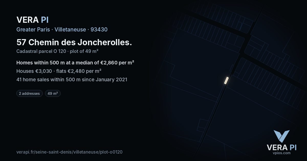 57 Chemin des Joncherolles, Villetaneuse at night – the plot lit, the parcels around coloured by the prices near them
