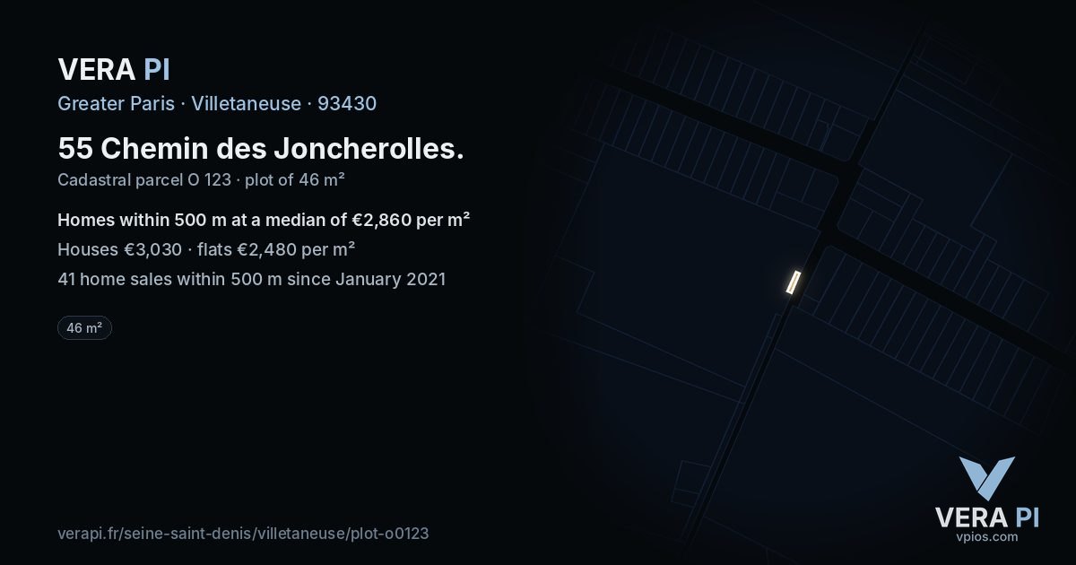 55 Chemin des Joncherolles, Villetaneuse at night – the plot lit, the parcels around coloured by the prices near them
