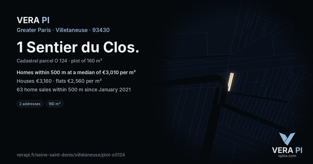 1 Sentier du Clos, Villetaneuse at night – the plot lit, the parcels around coloured by the prices near them