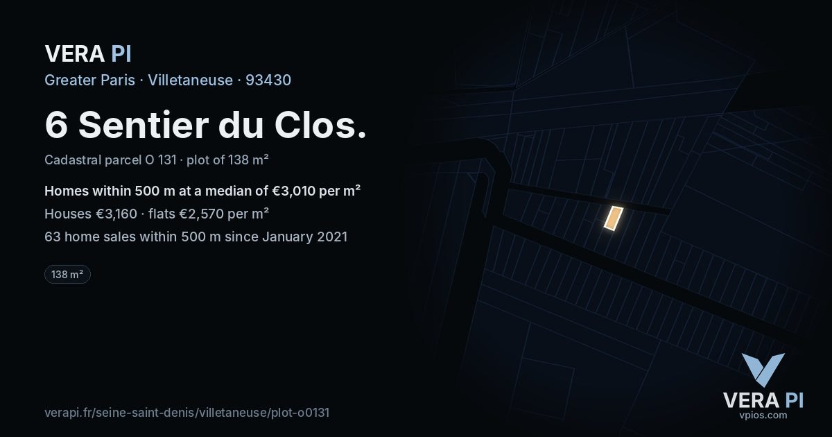 6 Sentier du Clos, Villetaneuse at night – the plot lit, the parcels around coloured by the prices near them