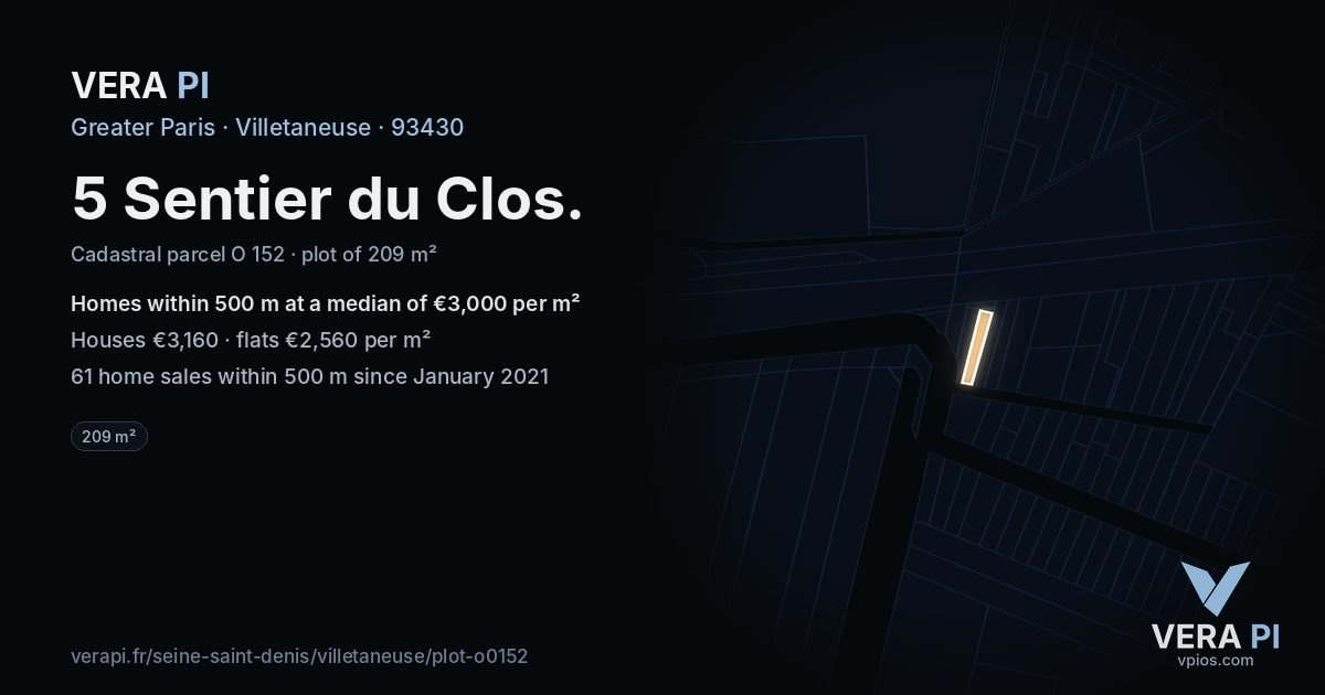 5 Sentier du Clos, Villetaneuse at night – the plot lit, the parcels around coloured by the prices near them