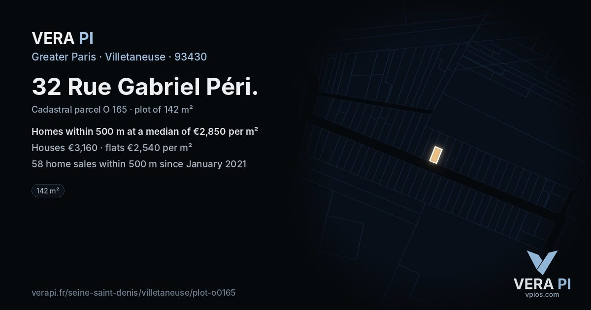 32 Rue Gabriel Péri, Villetaneuse at night – the plot lit, the parcels around coloured by the prices near them