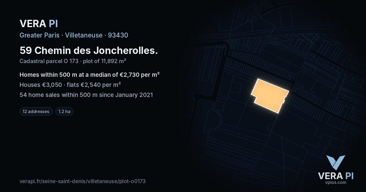 59 Chemin des Joncherolles, Villetaneuse at night – the plot lit, the parcels around coloured by the prices near them