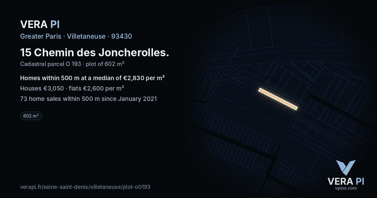 15 Chemin des Joncherolles, Villetaneuse at night – the plot lit, the parcels around coloured by the prices near them
