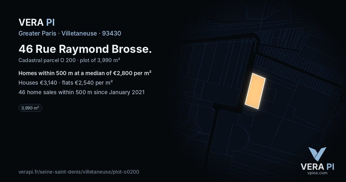 46 Rue Raymond Brosse, Villetaneuse at night – the plot lit, the parcels around coloured by the prices near them