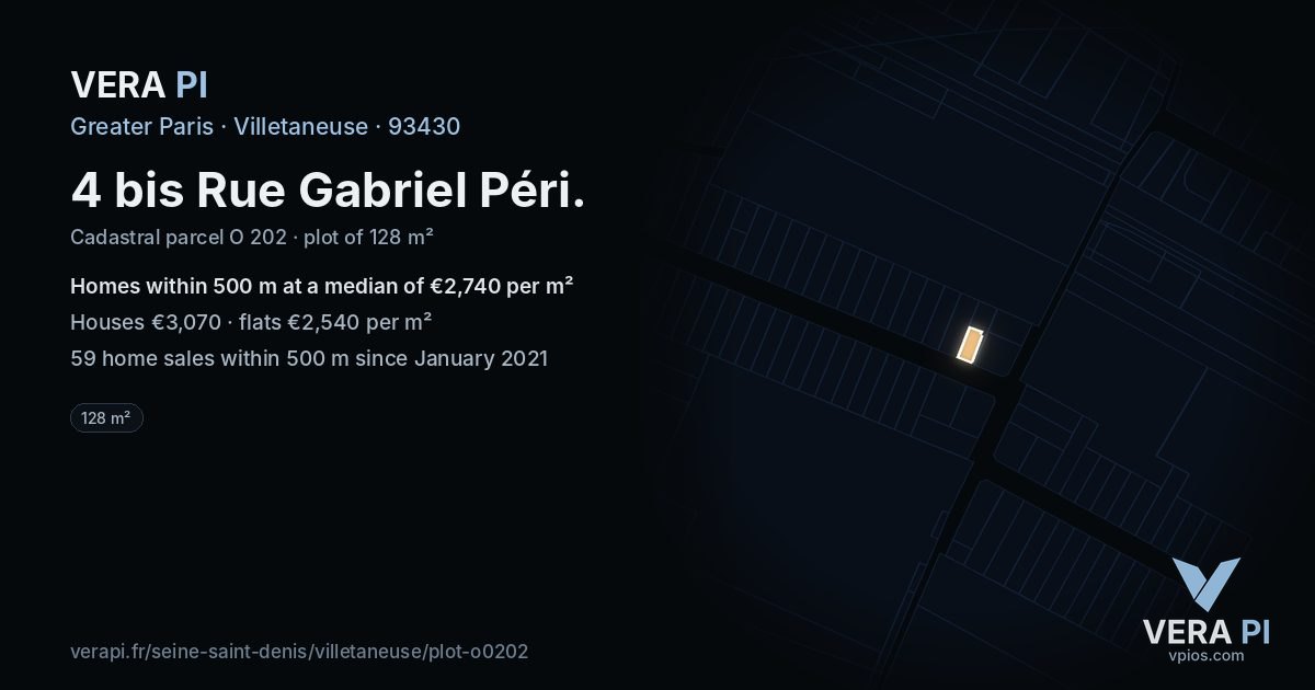 4 bis Rue Gabriel Péri, Villetaneuse at night – the plot lit, the parcels around coloured by the prices near them
