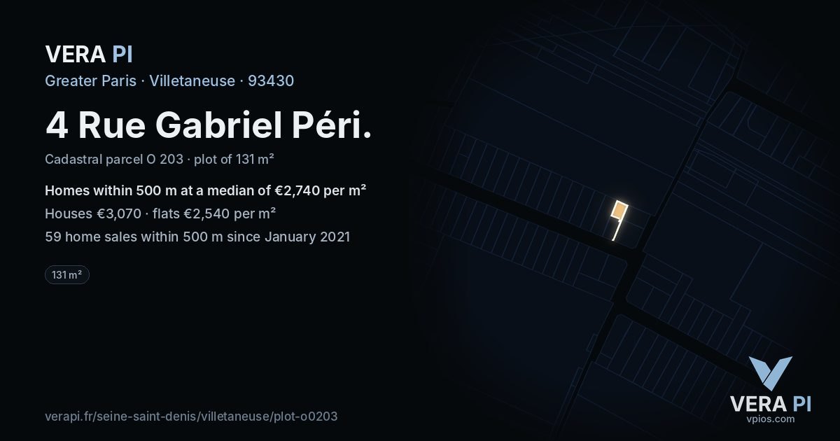 4 Rue Gabriel Péri, Villetaneuse at night – the plot lit, the parcels around coloured by the prices near them