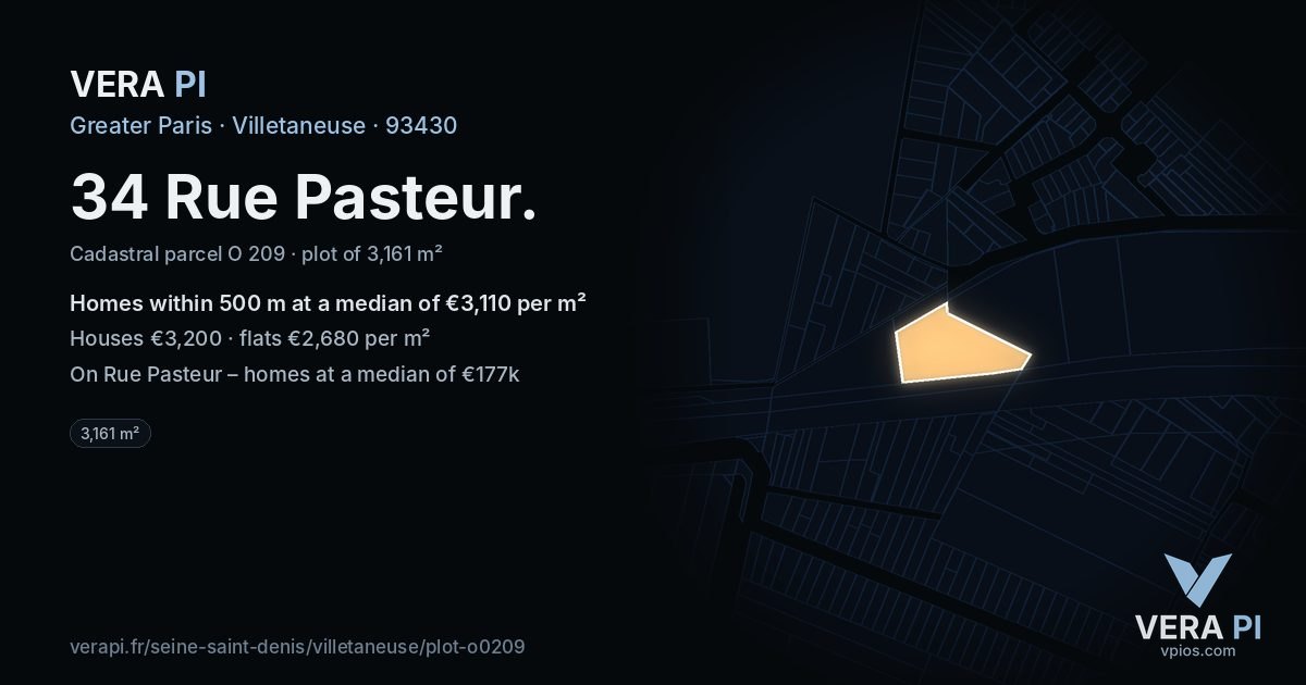 34 Rue Pasteur, Villetaneuse at night – the plot lit, the parcels around coloured by the prices near them