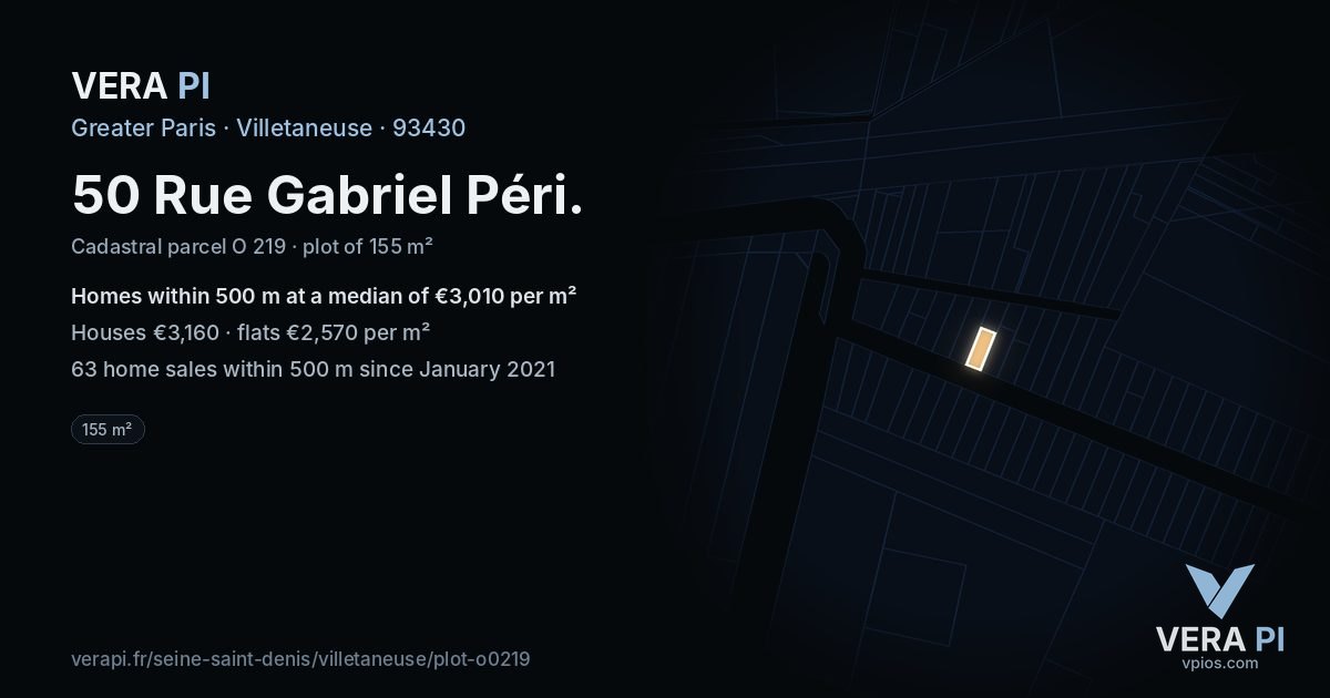 50 Rue Gabriel Péri, Villetaneuse at night – the plot lit, the parcels around coloured by the prices near them