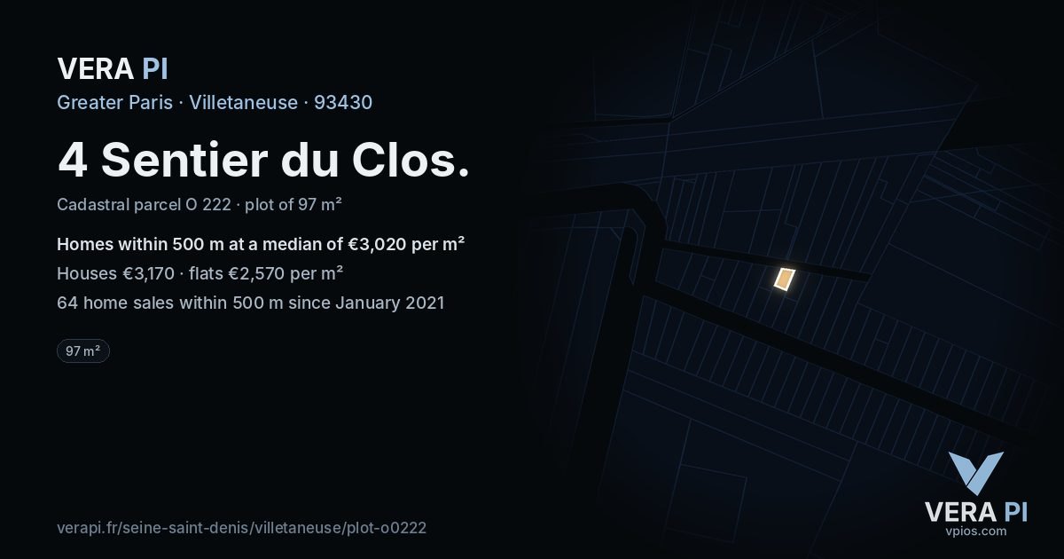 4 Sentier du Clos, Villetaneuse at night – the plot lit, the parcels around coloured by the prices near them