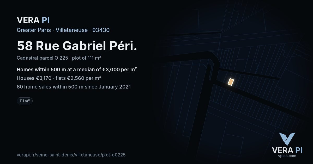 58 Rue Gabriel Péri, Villetaneuse at night – the plot lit, the parcels around coloured by the prices near them