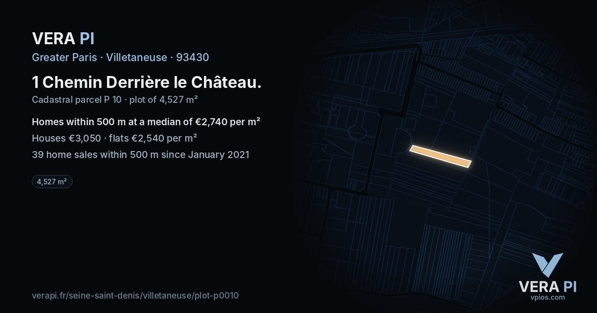 1 Chemin Derrière le Château, Villetaneuse at night – the plot lit, the parcels around coloured by the prices near them