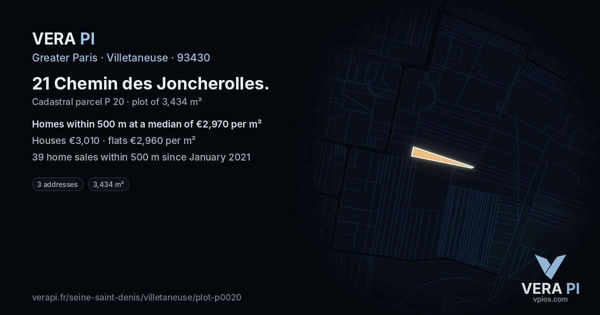 21 Chemin des Joncherolles, Villetaneuse at night – the plot lit, the parcels around coloured by the prices near them