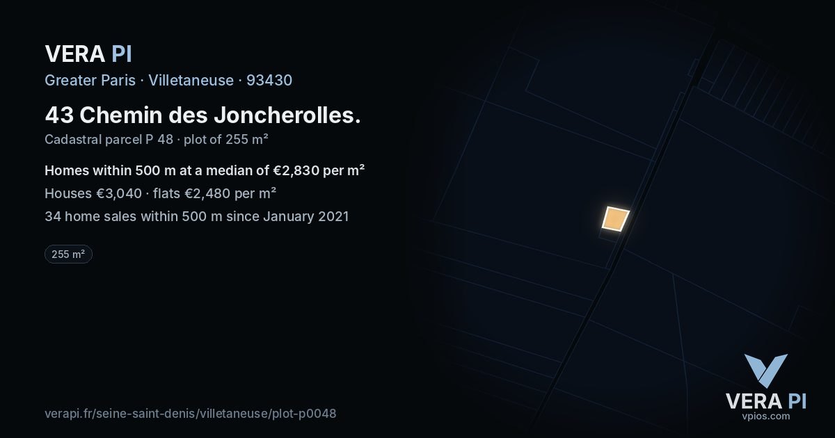 43 Chemin des Joncherolles, Villetaneuse at night – the plot lit, the parcels around coloured by the prices near them