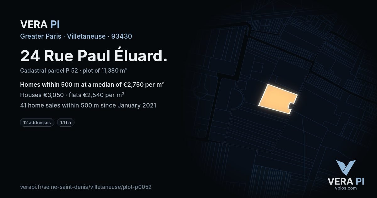 24 Rue Paul Éluard, Villetaneuse at night – the plot lit, the parcels around coloured by the prices near them