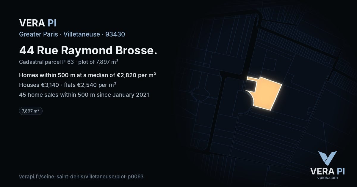 44 Rue Raymond Brosse, Villetaneuse at night – the plot lit, the parcels around coloured by the prices near them
