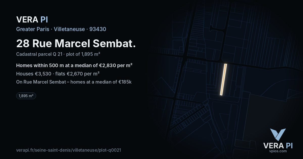 28 Rue Marcel Sembat, Villetaneuse at night – the plot lit, the parcels around coloured by the prices near them
