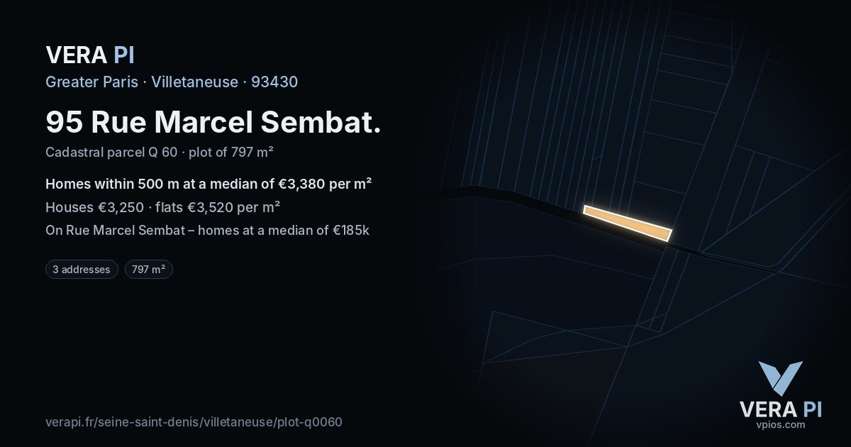 95 Rue Marcel Sembat, Villetaneuse at night – the plot lit, the parcels around coloured by the prices near them