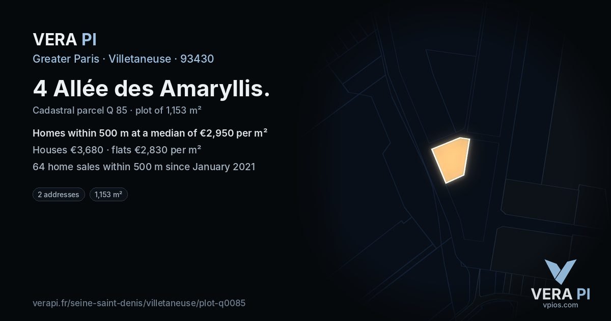 4 Allée des Amaryllis, Villetaneuse at night – the plot lit, the parcels around coloured by the prices near them