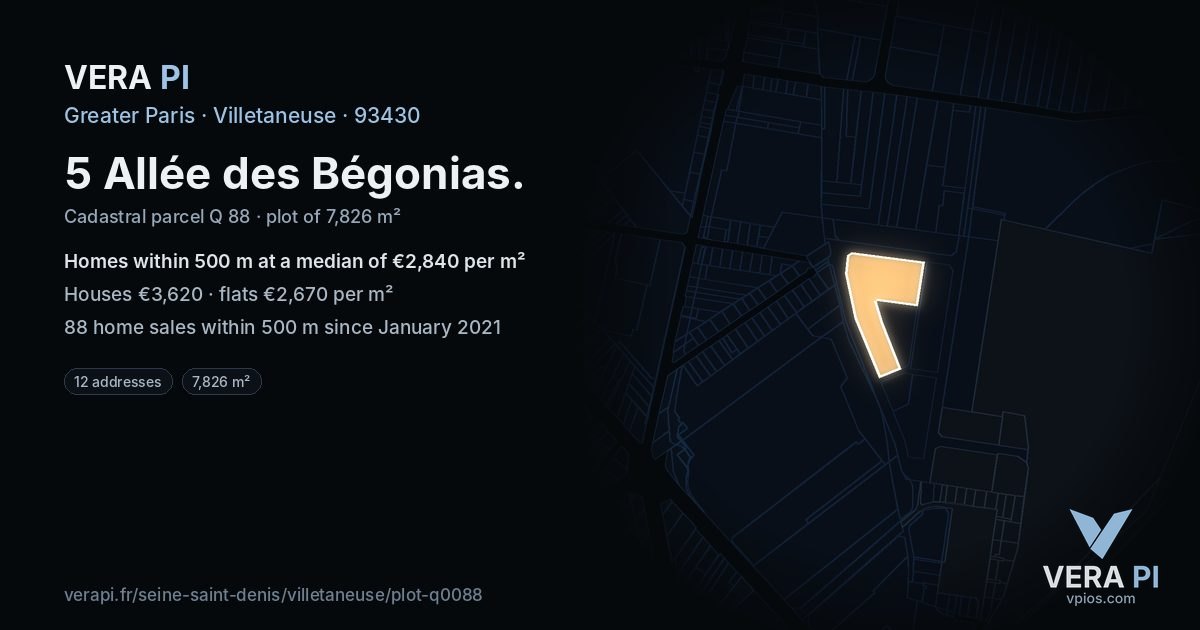 5 Allée des Bégonias, Villetaneuse at night – the plot lit, the parcels around coloured by the prices near them