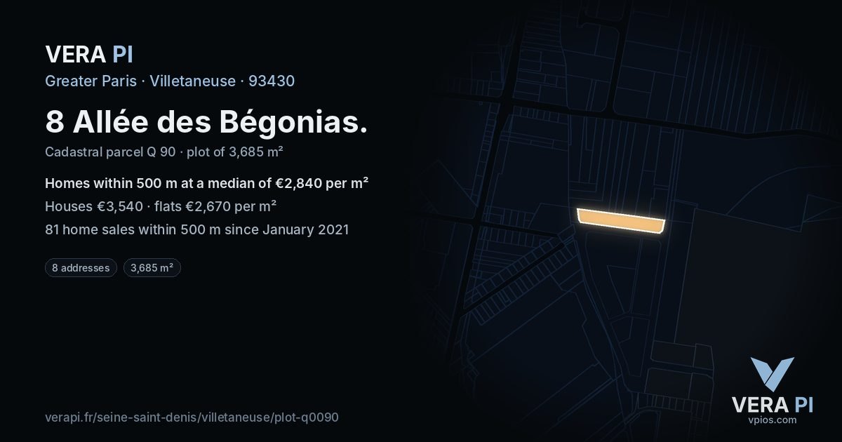 8 Allée des Bégonias, Villetaneuse at night – the plot lit, the parcels around coloured by the prices near them