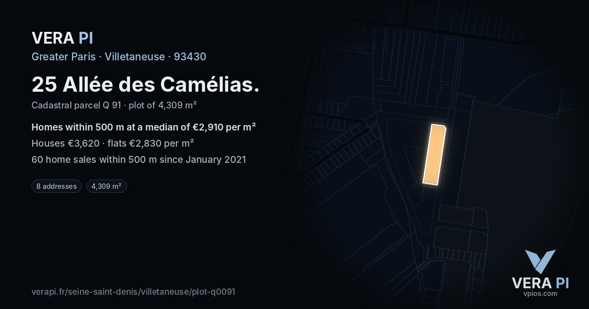 25 Allée des Camélias, Villetaneuse at night – the plot lit, the parcels around coloured by the prices near them