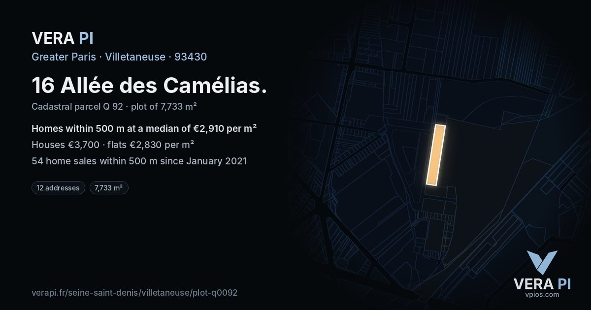 16 Allée des Camélias, Villetaneuse at night – the plot lit, the parcels around coloured by the prices near them
