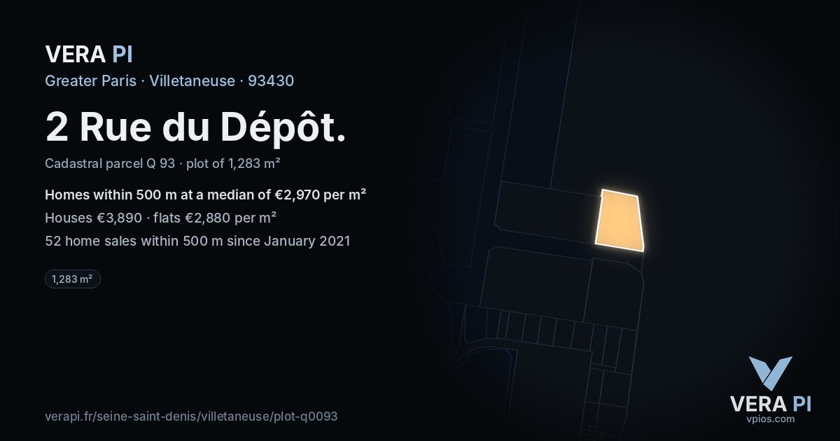 2 Rue du Dépôt, Villetaneuse at night – the plot lit, the parcels around coloured by the prices near them