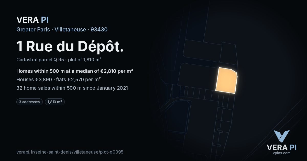 1 Rue du Dépôt, Villetaneuse at night – the plot lit, the parcels around coloured by the prices near them