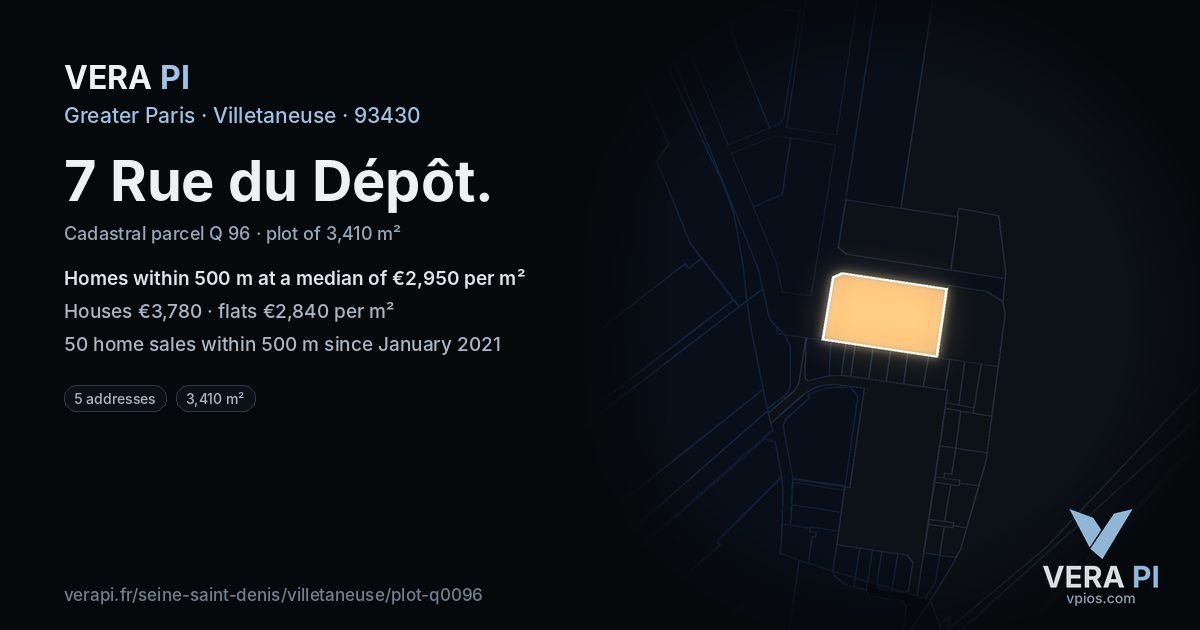 7 Rue du Dépôt, Villetaneuse at night – the plot lit, the parcels around coloured by the prices near them