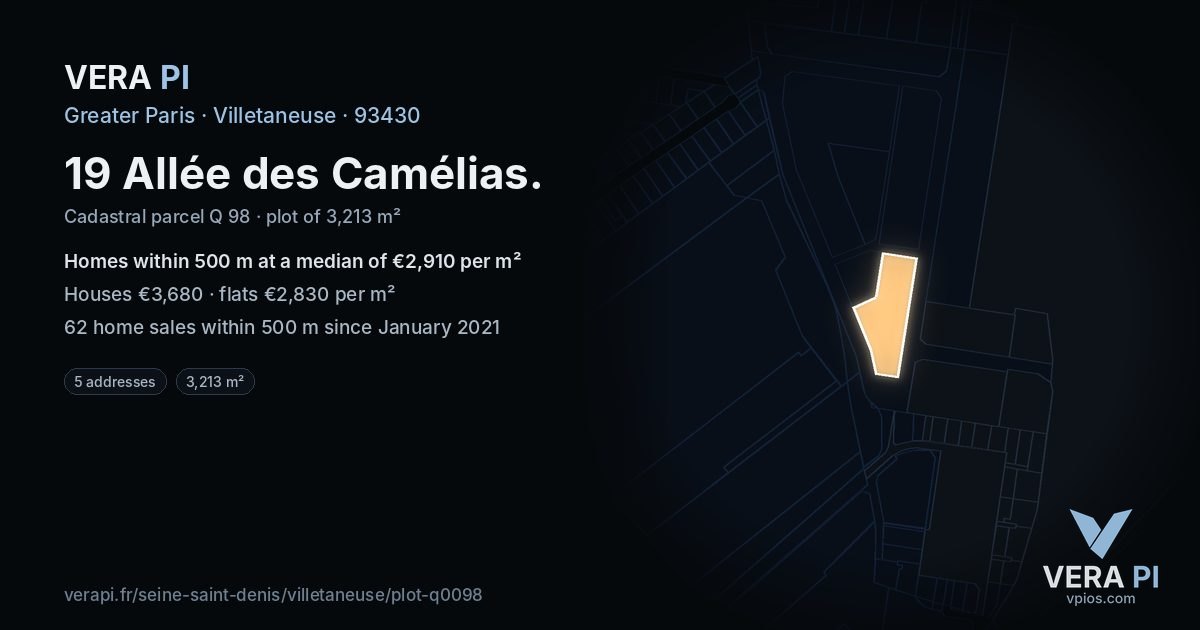 19 Allée des Camélias, Villetaneuse at night – the plot lit, the parcels around coloured by the prices near them