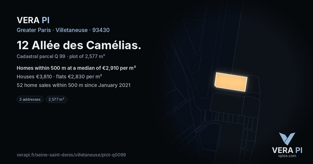 12 Allée des Camélias, Villetaneuse at night – the plot lit, the parcels around coloured by the prices near them