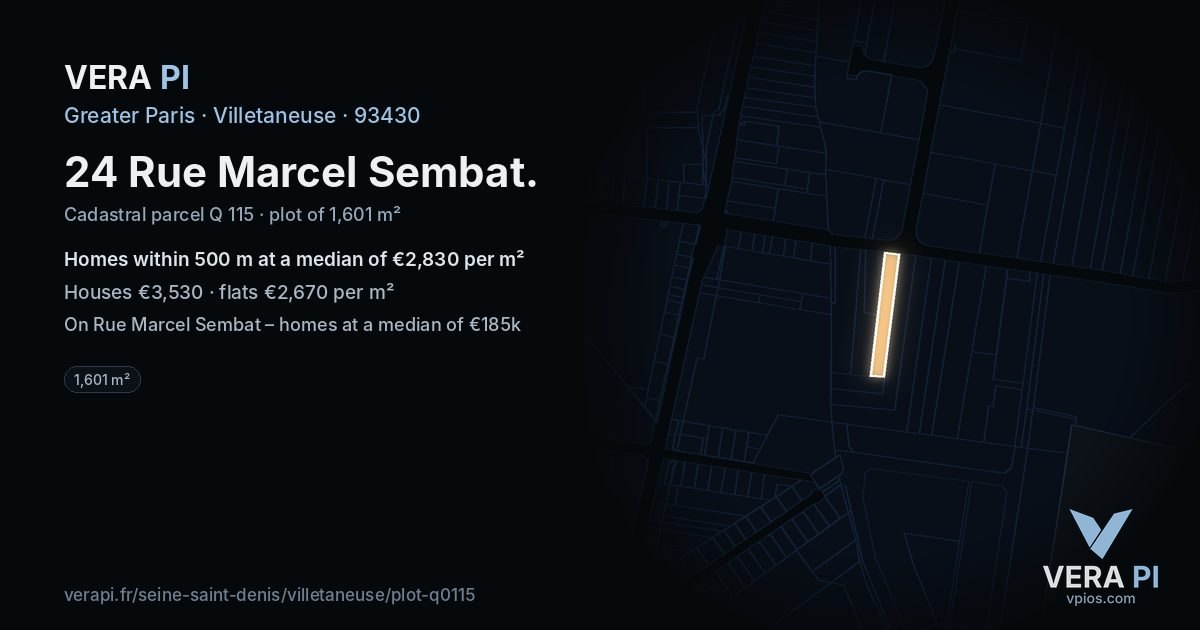 24 Rue Marcel Sembat, Villetaneuse at night – the plot lit, the parcels around coloured by the prices near them
