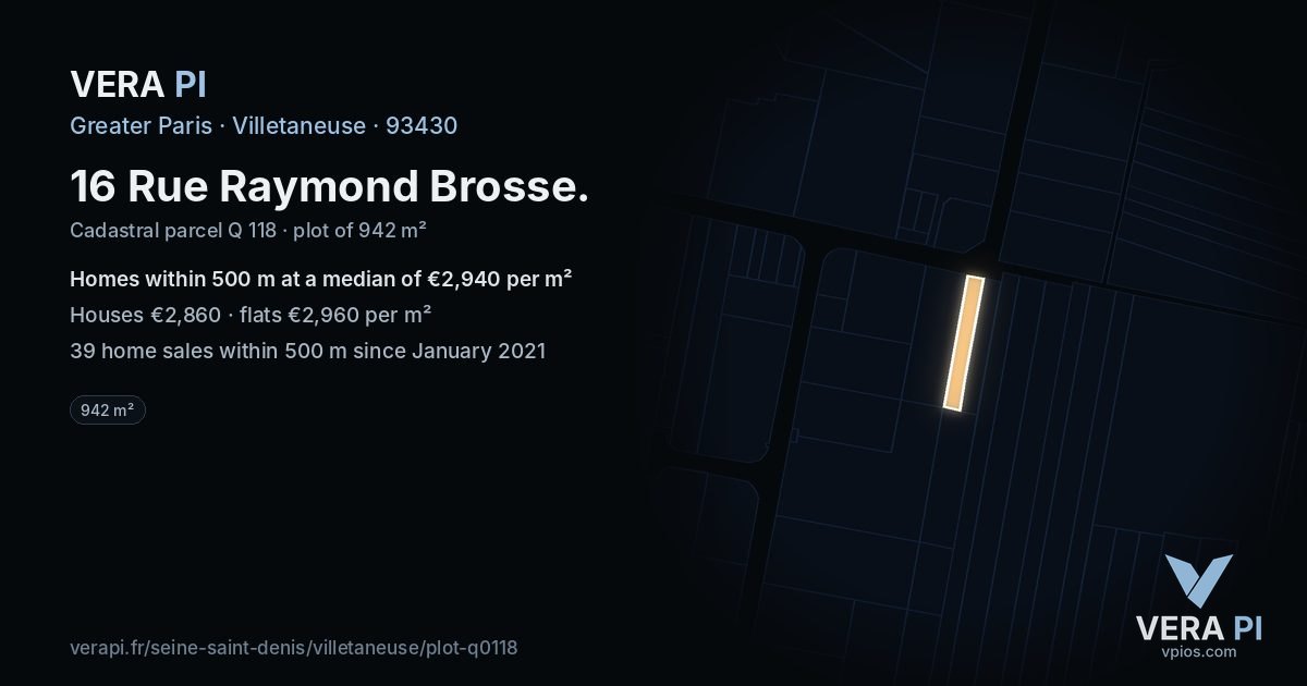16 Rue Raymond Brosse, Villetaneuse at night – the plot lit, the parcels around coloured by the prices near them