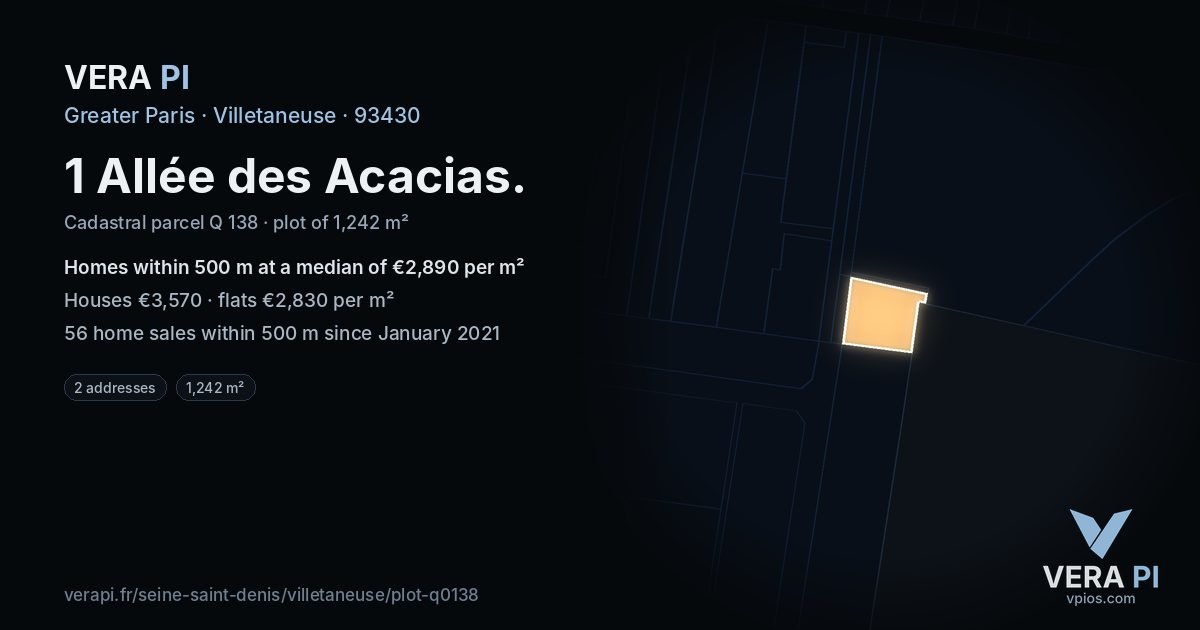 1 Allée des Acacias, Villetaneuse at night – the plot lit, the parcels around coloured by the prices near them