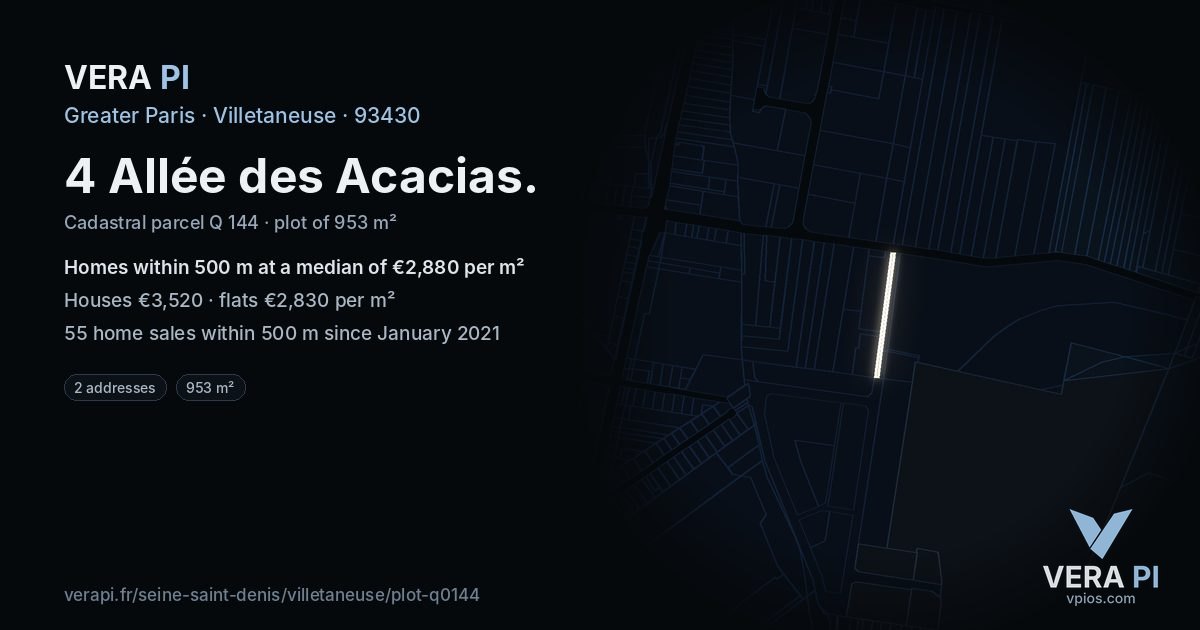 4 Allée des Acacias, Villetaneuse at night – the plot lit, the parcels around coloured by the prices near them