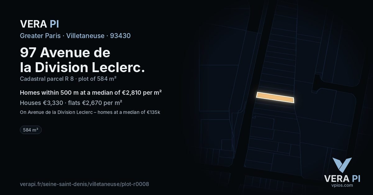 97 Avenue de la Division Leclerc, Villetaneuse at night – the plot lit, the parcels around coloured by the prices near them