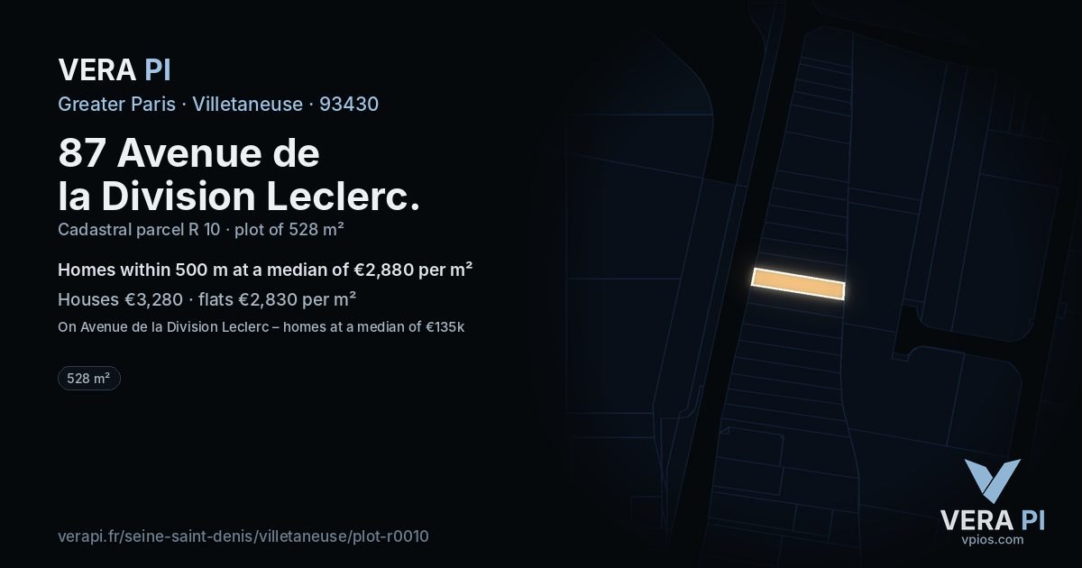 87 Avenue de la Division Leclerc, Villetaneuse at night – the plot lit, the parcels around coloured by the prices near them