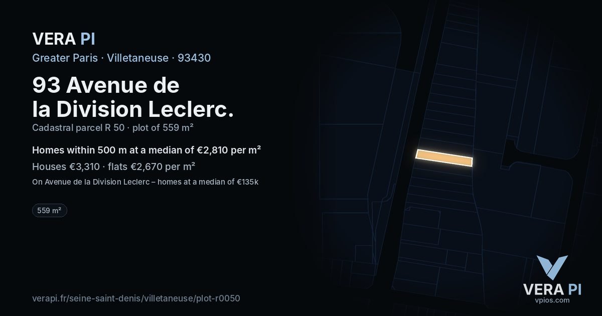 93 Avenue de la Division Leclerc, Villetaneuse at night – the plot lit, the parcels around coloured by the prices near them